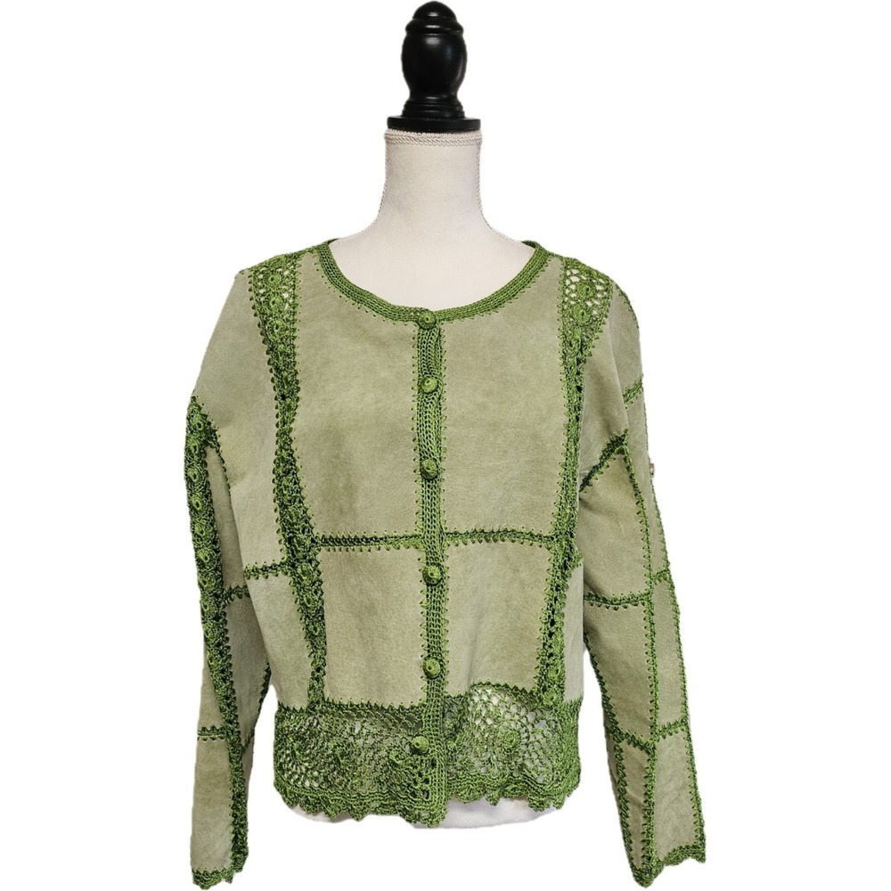 Green Suede Leather Crochet Patchwork Jacket Size XL Hippie Boho Western